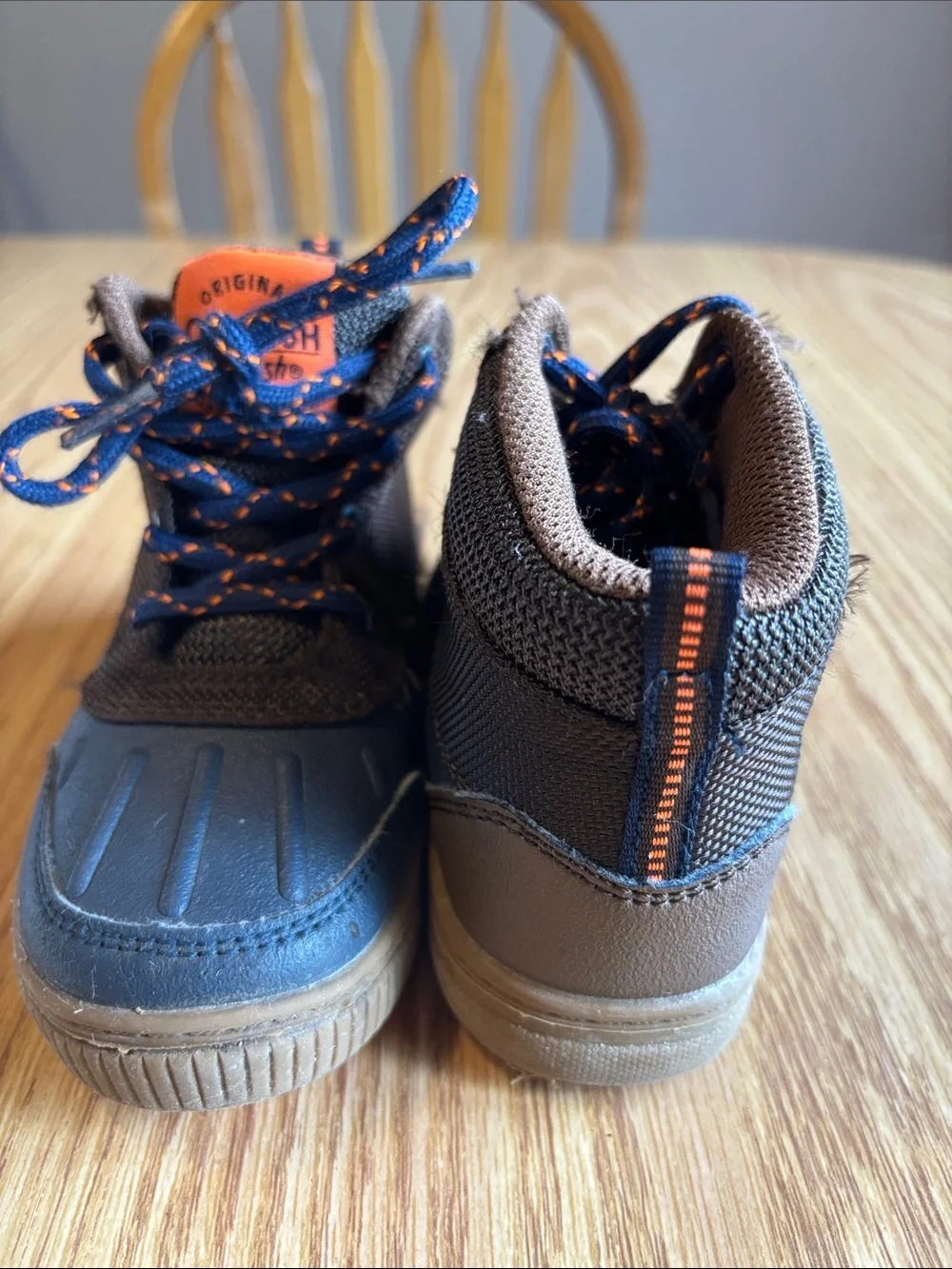 OshKosh B'gosh Navy Blue and Brown Kids Duck Boots with Orange Accents